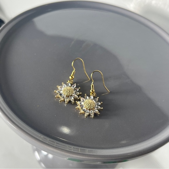 Nickel-Free Handmade Gold Sunflower Dangle Earrings with Crystal Petals - Picture 3 of 5
